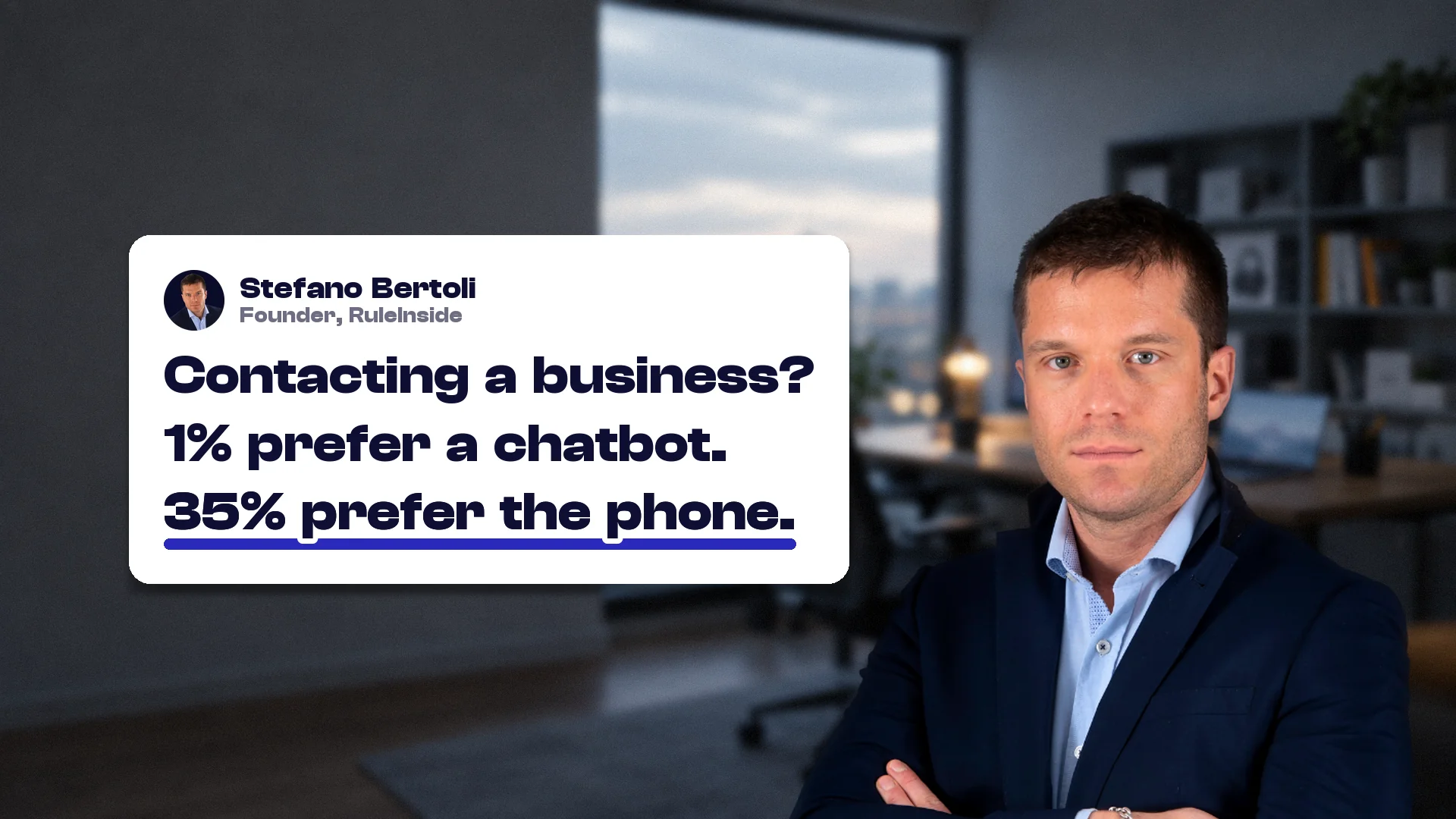 Choosing an AI customer service agent: Stefano Bertoli, founder of RuleInside, with a card reading: Contacting a business? 1% prefer a chatbot. 35% prefer the phone.